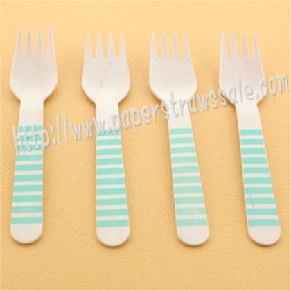 Wooden Forks Aqua Striped Printed 100pcs