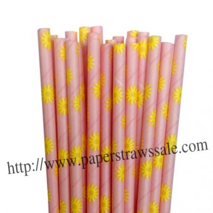 Daisy Flower Print Pink Paper Straws 500pcs [dpaperstraws003]