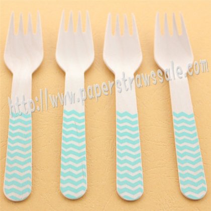 Wooden Forks Aqua Chevron Printed 100pcs