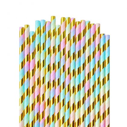 Metallic Gold Foil Rainbow Striped Paper Straws 500 Pcs