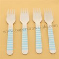 Wooden Forks Light Blue Stripe Print 100pcs