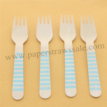 Wooden Forks Light Blue Stripe Print 100pcs [wforks030]