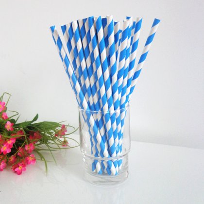 Paper Straws Printed with Dodger Blue Stripe 500pcs [spaperstraws015]