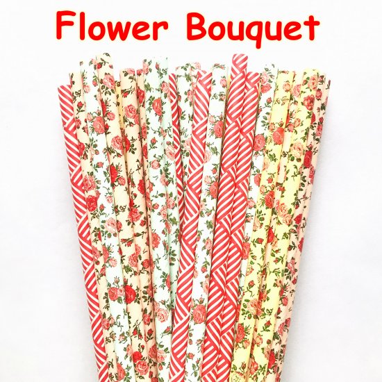 100 Pcs/Box Mixed Garden Floral Flower Bouquet Paper Straws - Click Image to Close