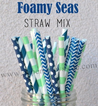 250pcs FOAMY SEAS Navy Mint Paper Straws Mixed [themedstraws029]