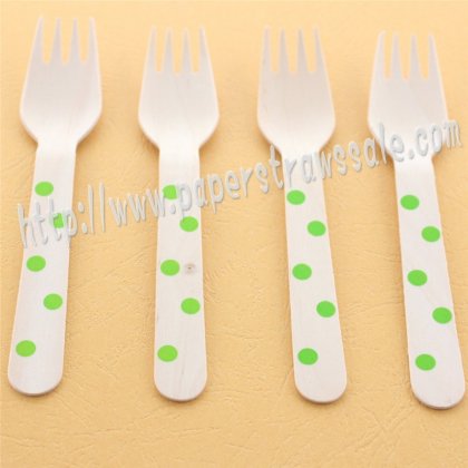 Wooden Forks Green Polka Dot Printed 100pcs [wforks010]