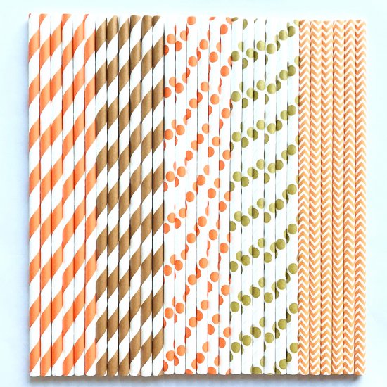 100 Pcs/Box Mixed Orange Brown Gold Autumn Blessings Paper Straw - Click Image to Close