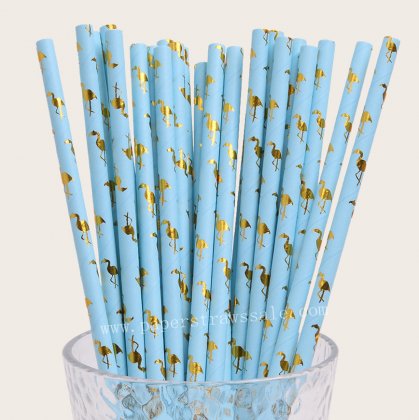 Flamingo Paper Straws Light Blue Gold Foil 500 pcs [flamingopaperstraws006]