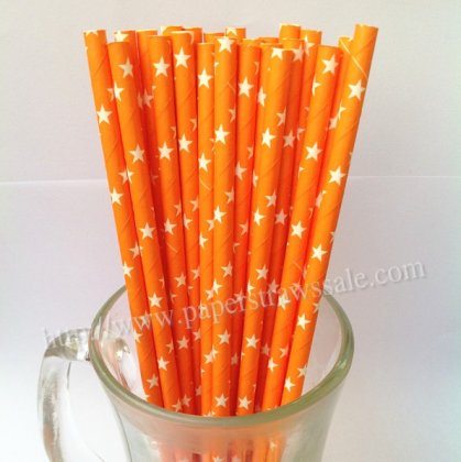 Deep Orange Paper Straws with White Star 500pcs [stpaperstraws005]