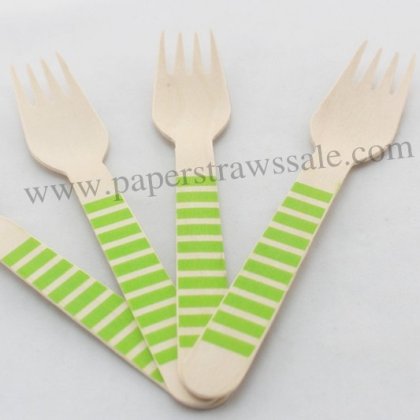 Wooden Forks Green Stripe Printed 100pcs [wforks023]