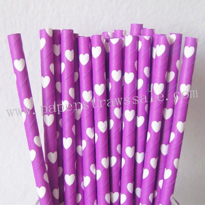 Purple Paper Straws White Heart 500pcs [npaperstraws109]