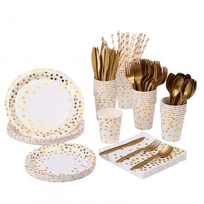 200 pcs Serves 25 Gold Foil Polka Dot Tableware Set