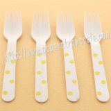 Wooden Forks Yellow Polka Dot Printed 100pcs