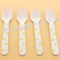 Wooden Forks Yellow Polka Dot Printed 100pcs