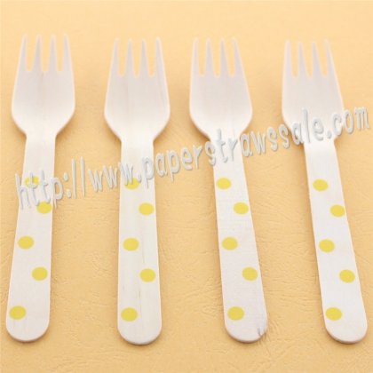 Wooden Forks Yellow Polka Dot Printed 100pcs