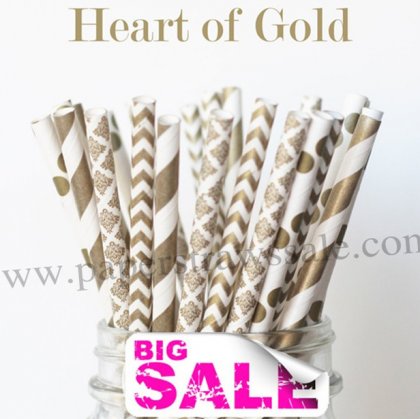 200pcs HEART OF GOLD Paper Straws Mixed [themedstraws136]