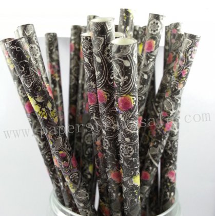 Black Gothic Floral Paper Straws 500pcs [fpaperstraws012]