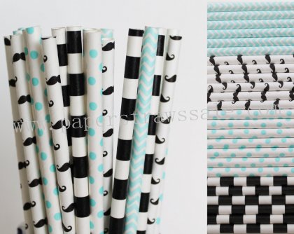 200pcs Light Blue and Black Paper Straws Mixed [themedstraws269]