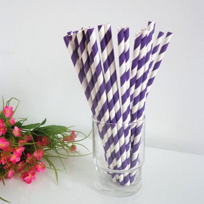 Paper Straws with Royal Purple Striped 500pcs [spaperstraws014]