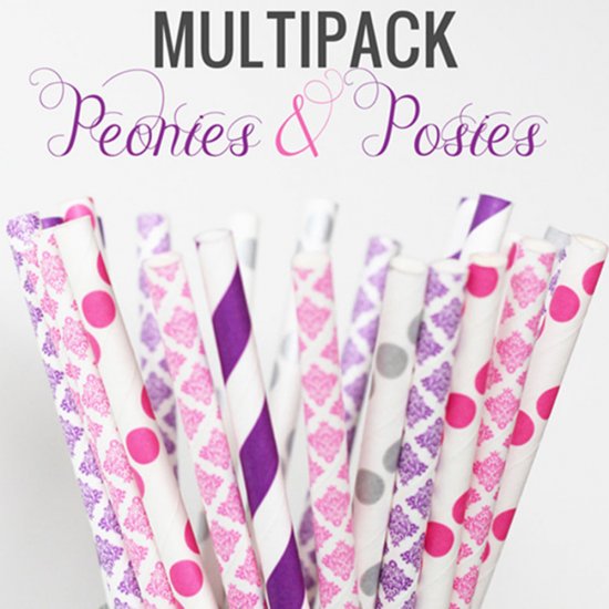 100 Pcs/Box Mixed Peonies Posies Party Paper Straws - Click Image to Close