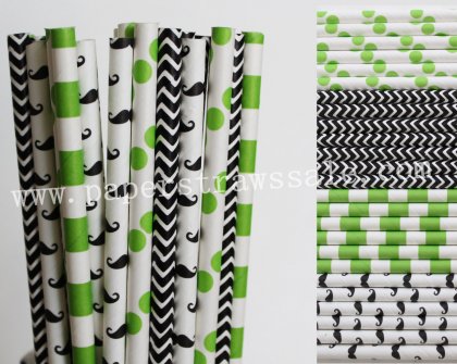 200pcs Lime Green and Black Paper Straws Mixed [themedstraws233]