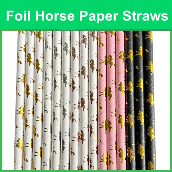Horse Paper Straws White Rose Gold Foil 500 pcs - Click Image to Close