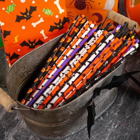Halloween Witch Pumpkin Black Orange Purple Paper Straws 500 Pcs - Click Image to Close