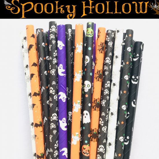 100 Pcs/Box Mixed Party Halloween Spooky Hollow Paper Straws - Click Image to Close