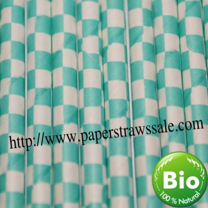 Aqua Checkered Paper Drinking Straws 500pcs [chepaperstraws006]