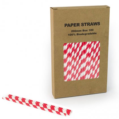 100 pcs/Box Bright Red Striped Paper Drinking Straws [199redstripestraws100]