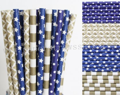 200pcs Navy Blue and Gold Paper Straws Mixed [themedstraws279]