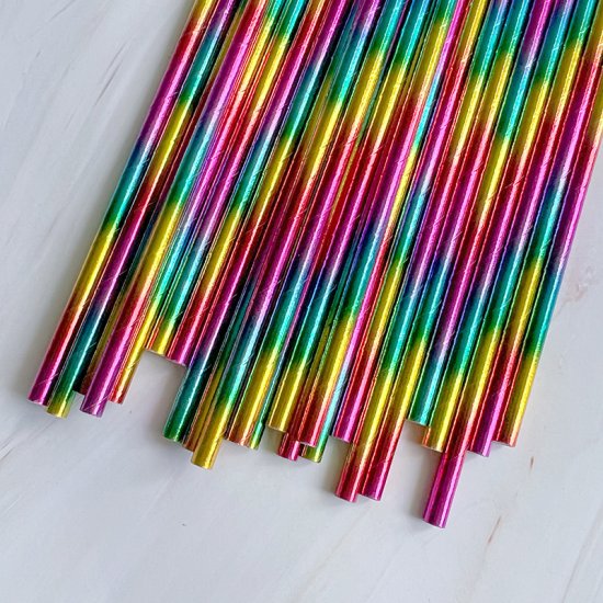100 Pcs/Box Colorful Metallic Rainbow Foil Paper Straws - Click Image to Close