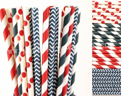 200pcs Navy and Red Patriotic Paper Straws Mixed