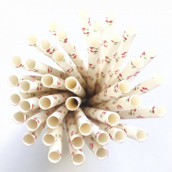 100 Pcs/Box Fruit Green Red Cherry Paper Straws - Click Image to Close