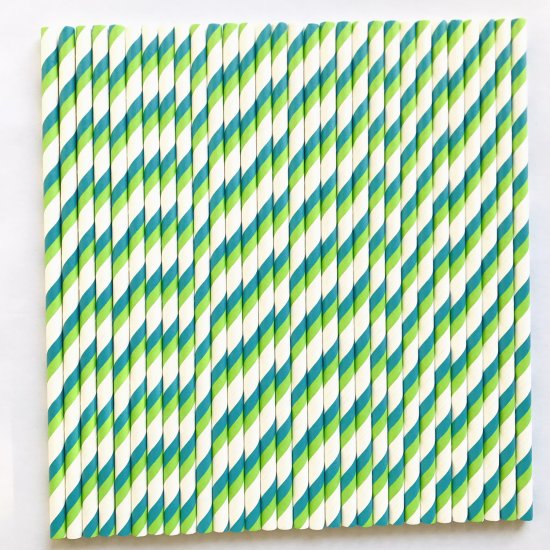 Green Teal Blue Double Stripe Paper Straws 500pcs - Click Image to Close