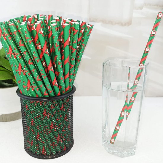 100 Pcs/Box Mixed Green Red Santa Claus Reindeer Paper Straws - Click Image to Close