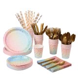 200 pcs Serves 25 Rainbow Gold Foil Dot Tableware Set