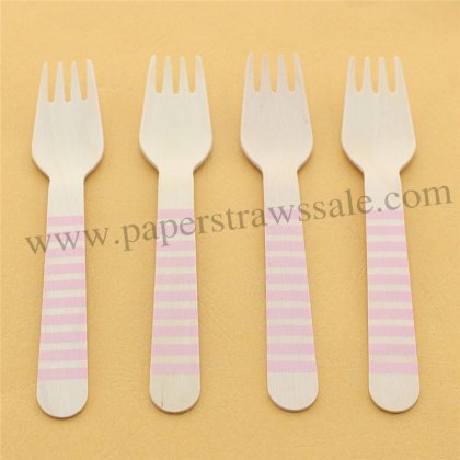 Wooden Forks Baby Pink Stripe Printed 100pcs