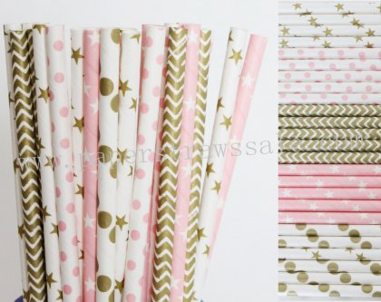 250pcs Pink Metallic Gold Party Paper Straws Mixed