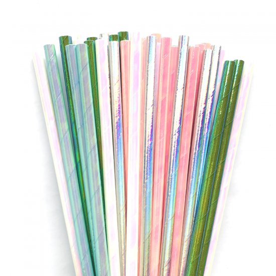 100 Pcs/Box Mixed Colorful Foil Metallic Iridescent Paper Straws - Click Image to Close