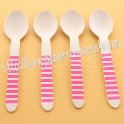 Hot Pink Striped Print Wooden Spoons 100pcs [wspoons009]