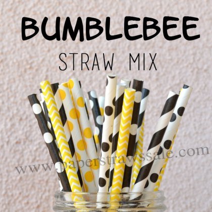 250pcs Bumblebee Yellow Black Paper Straws Mixed