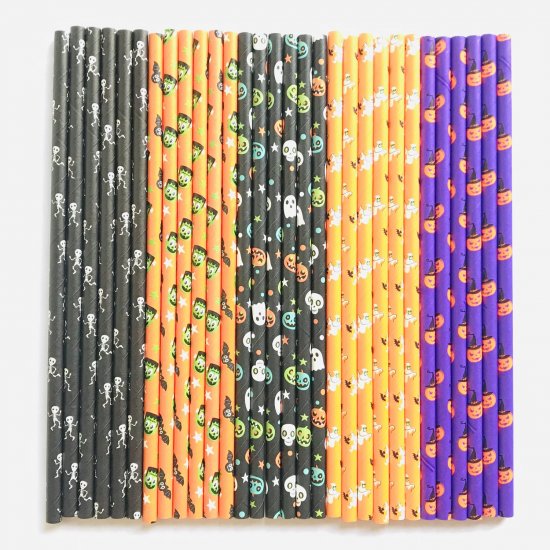 100 Pcs/Box Mixed Party Halloween Trick Or Treat Paper Straws - Click Image to Close