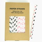 100 Pcs/Box Mixed Black Pink Paw Doggy Party Paper Straws