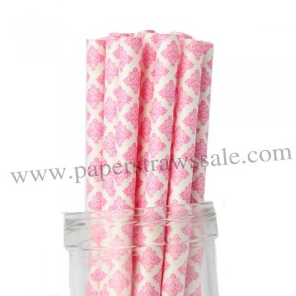 Paper Straws Hot Pink Damask Print 500pcs [dapaperstraws008]