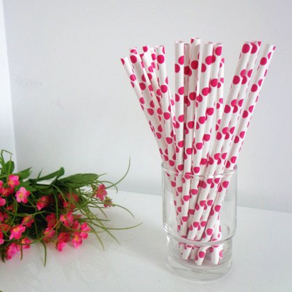 Fuchsia Polka Dot Printed Paper Straws 500pcs [ppaperstraws003]