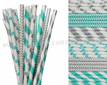 300pcs Aqua and Silver Party Paper Straws Mixed [themedstraws252]