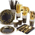 Disposable Gold Dot Black Dinnerware Set Serves 25 Disposable Gold Dot Black Dinnerware Set Serves 25