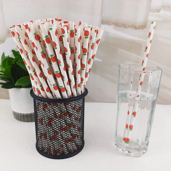 100 Pcs/Box Fruit Green Red Apple Paper Straws - Click Image to Close
