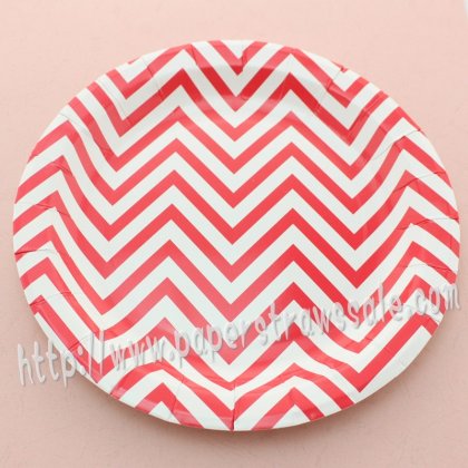 9" Round Paper Plates Red Chevron 60pcs